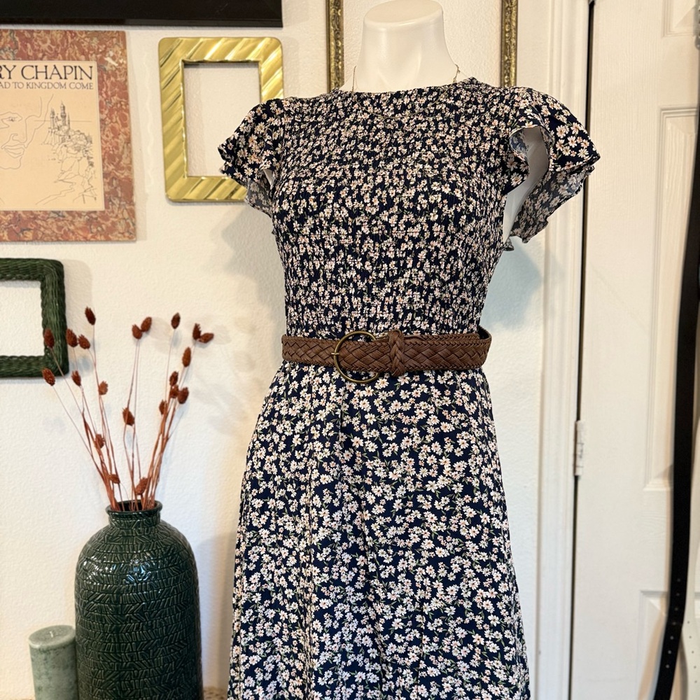 Elodie Navy Floral Midi Dress with Brown Belt